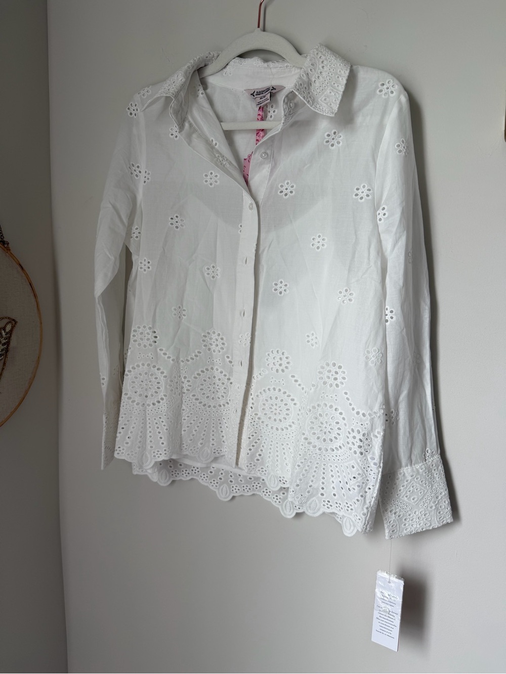 White Eyelet long sleeve Button-Down cotton Shirt
